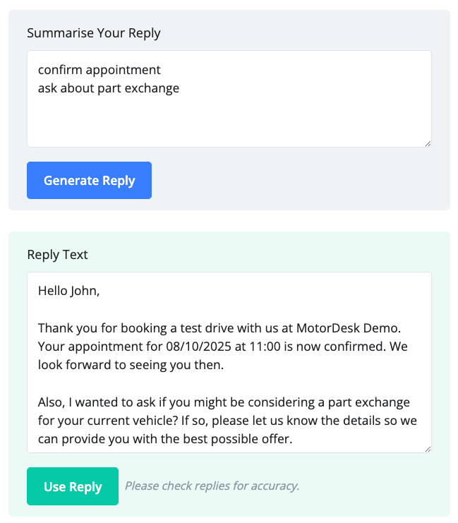 MotorDesk - Car Dealership AI Chat Assistance & Replies
