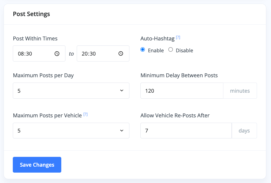 MotorDesk - Automoted Social Media for Car Dealers - Post Settings