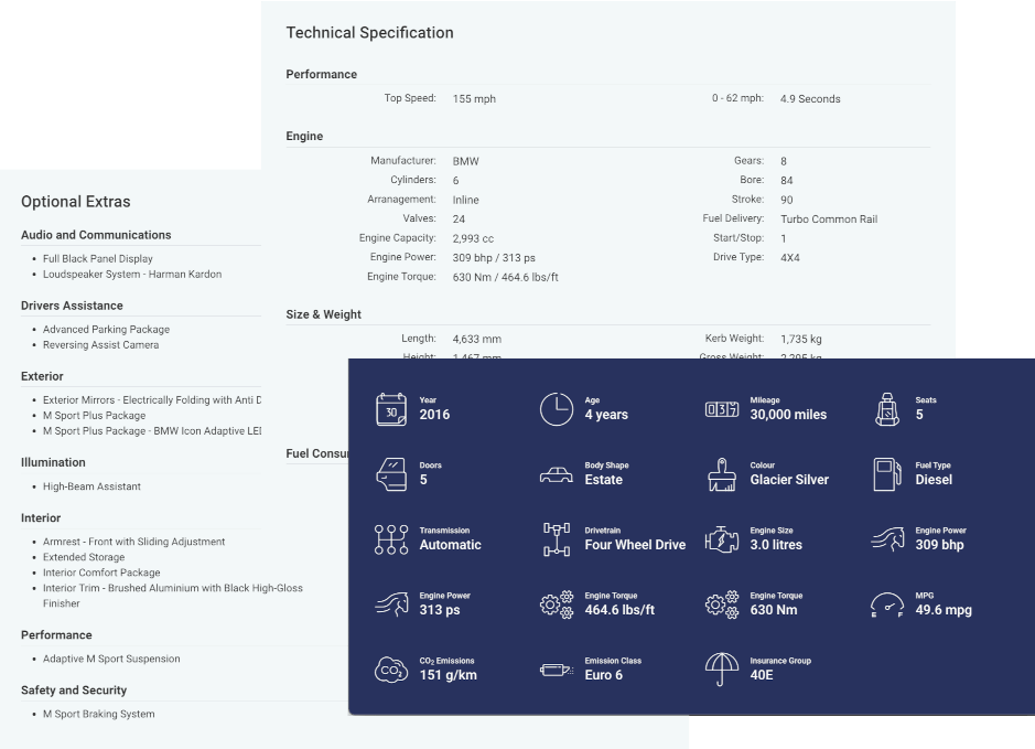 MotorDesk - Car Dealer Website - Vehicle Specifications, Highlights, Features & Optional Extras