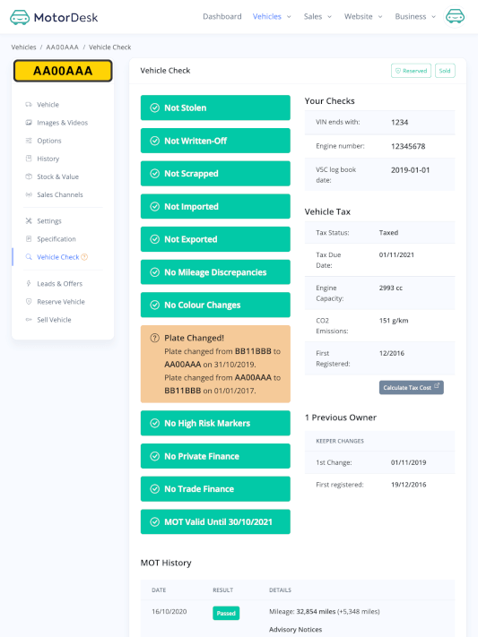 MotorDesk - Car Dealership Manager - Vehicle Background/HPI Check